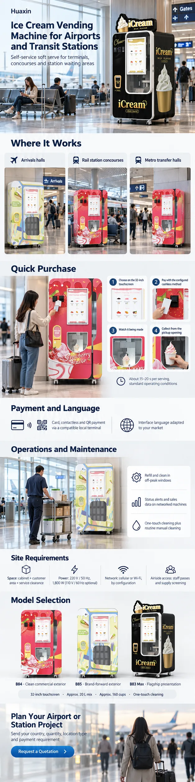 1.Huaxin B83 Max airport ice cream vending machine in a departure gate waiting area